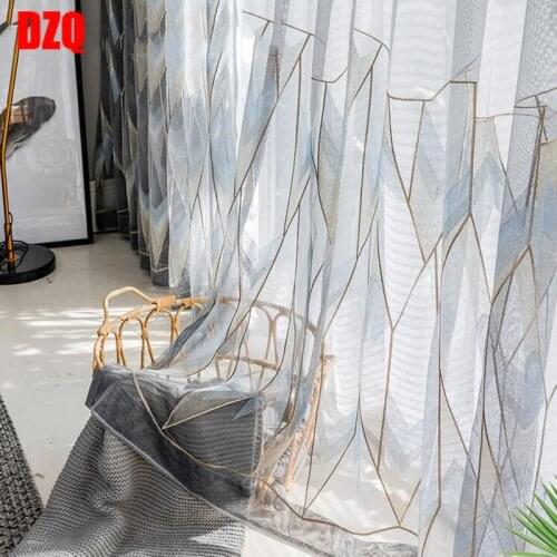 Grey Gold Geometric Tulle Curtain for Bedroom Nordic Embroidered Delicate Translucent Balcony Window Treatment Tenda zh055C
