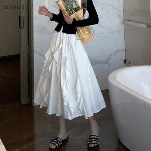 Women Skirts Solid Ruffles Mid-calf Elegant French Style Princess Loose Ins Designer Fashion Soft Popular Summer Holiday Females