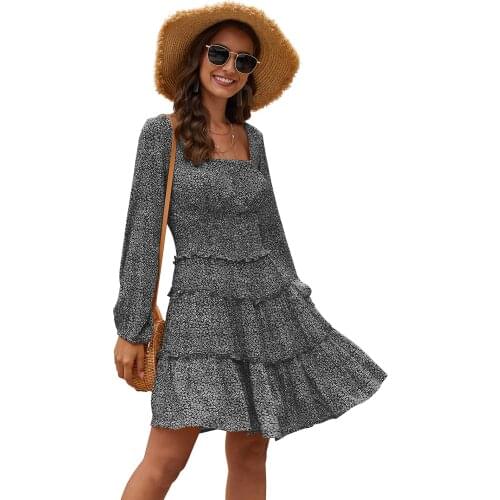 YYCZF Women Dresses Top Summer 2021 Beach Party Casual Waist Tucked Damain Square Collar Long Sleeve Print Floral Ladies Dress