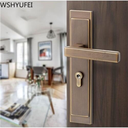 Pure copper solid wood door lock new Chinese style retro villa indoor bedroom door lock household silent copper handle lock