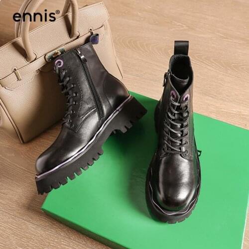 ENNIS Women Platform Martin Boots Genuine Leather Ankle Boots Zipper Shoes Autumn Winter Lace Up Black Boots Square Med Heel Hot