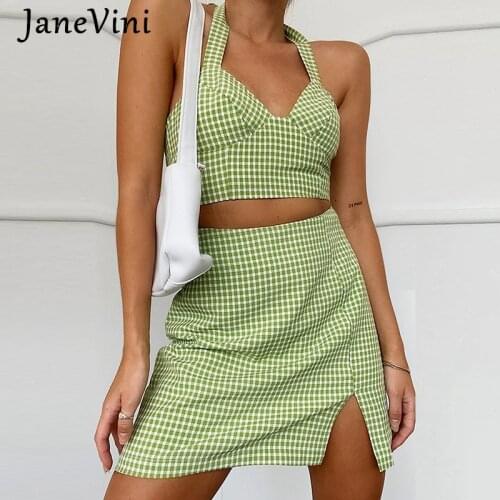 JaneVini 2021 Summer Green Plaid Women Sexy Two Piece Sets Holiday Halter Crop Tops+Mini Skirt Suits Satin Club Party Streetwear