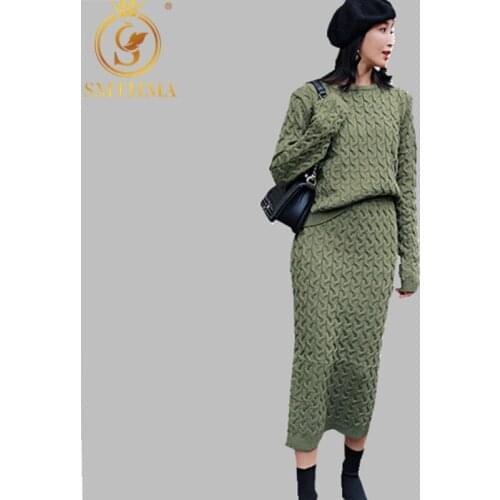 SMTHMA High quality Elegance Korean version round neck loose pullover sweater+ women Two-piece Skirt suit