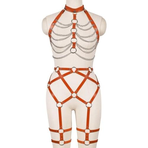 Harajuku 2pc Full Body Leather Set Harness For Women Pastel Goth Metal Chain Accessories Hollow Bra Sword Belt Lingerie Garter