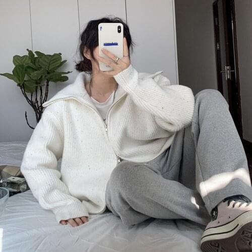 2021 Korean Style New Spring and Autumn Design Lapel Sweater Coat High Collar Loose Knitted Cardigan for Women