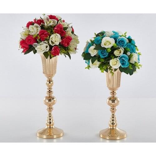 10 PCS/LOT Gold Vases Road Lead Artificial Flower Pot Flower Column Stand Wedding Table Centerpieces For Christmas Home Decor