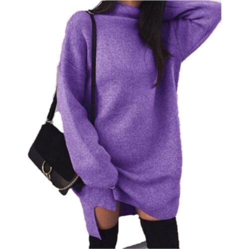 2020 Autumn Winter Warm Long Sleeve Women Knitted Slit Sweater Dress White Turtleneck Sweaters Pullover Jumper Female Clothes