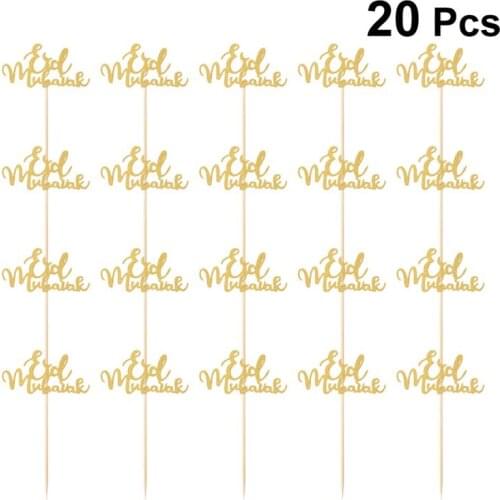 20pcs Eid Mubarak Cake Toppers Unique Cupcake Ornament Picks Cake Decor Dessert Adornment for Party Festival (Stick Random)