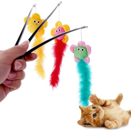 3pcs Pet Cat Feather Toys Plastic Handle Stick+Steel Flower Feather Toys For Cats Persian Cats Scottish Fold Chew Mouse Toy