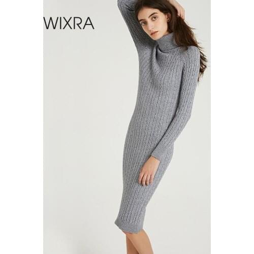 Wixra Knitted Bodycon Dress 2019 Autumn Winter Solid Turtleneck Long Sleeve Knee-Length Sweater Dresses