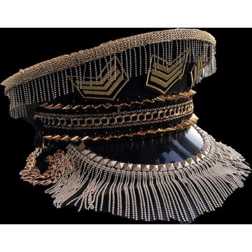 Punk Gold Studded Metal Tassel Decorative Police Cap Uniform Party Bar DJ Performance Singer Performance Top Hat Fascinator Hats