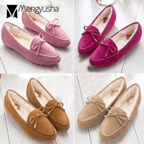 Thicken plush bowtie moccasins women round toe candy color flock bow fur flats ladies big size 42 furry mules winter loafersC108