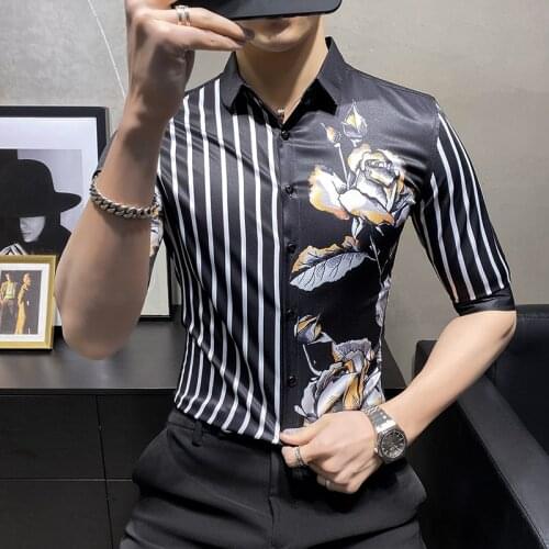 Hot Sale Summer Half Sleeve Floral Shirt Men Clothing 2021 Korean Slim Fit Casual Prom Tuxedo Striped Blouse Homme All Match 3XL