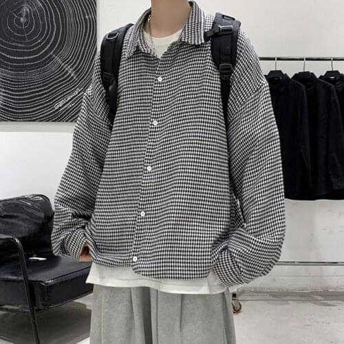 2021 Mens Lattice Printing Trend Shirts Lapel Collar Loose Streetwear Long Sleeve Tops Shirts Casual Clothes Camisa Masculina