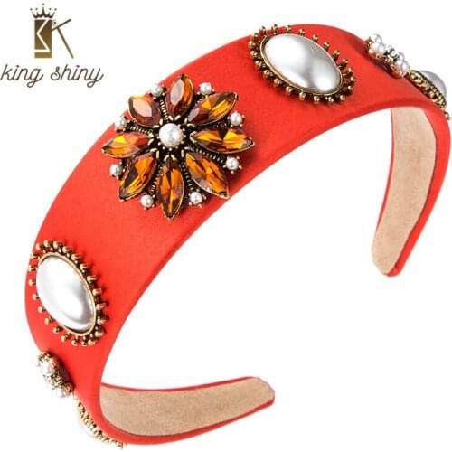 King Shiny Elegant Color Crystal Flower Headband for Woman Vintage Imitation Pearl Beaded Hairband Girl Party Hair Jewelry Tiara