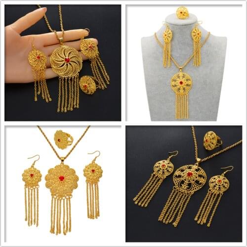 Anniyo Ethiopian Pendant Necklace Earrings Ring Openable for Women Dubai Jewelry sets African Wedding Gifts Jewellery #069506