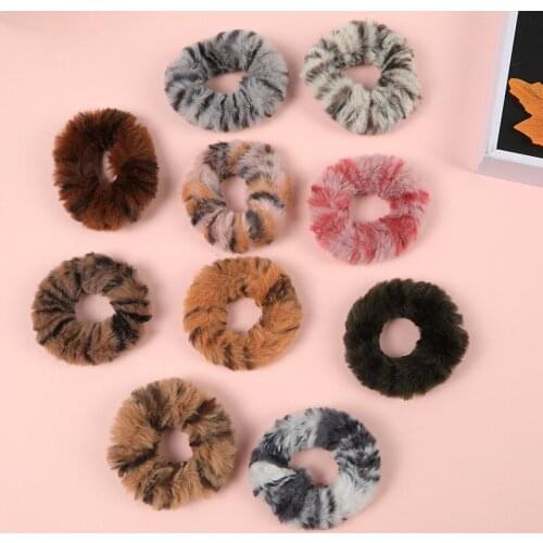 Vintage Colorful Leopard Plush Fur Scrunchies Women Girls Elastic Hair Ropes Tie Warm Ponytail Holder Hair Bands Accessories