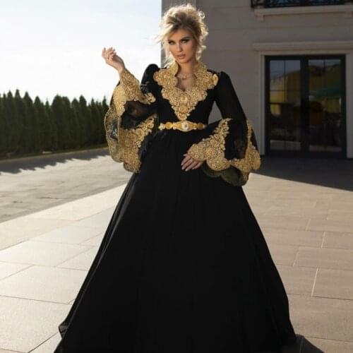 Traditional Kosovo Black Evening Dresses For Women Party Gowns Long Sleeve Gold Appliqued Prom Dress Vestidos De La Celebridad