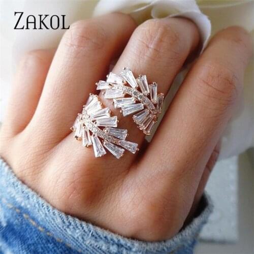 ZAKOL Fashion Style Trapezoid CZ Zirconia Open Rings Crystal Leaf Wedding Jewelry Anillo for Women Girl Party Gift FSRP225