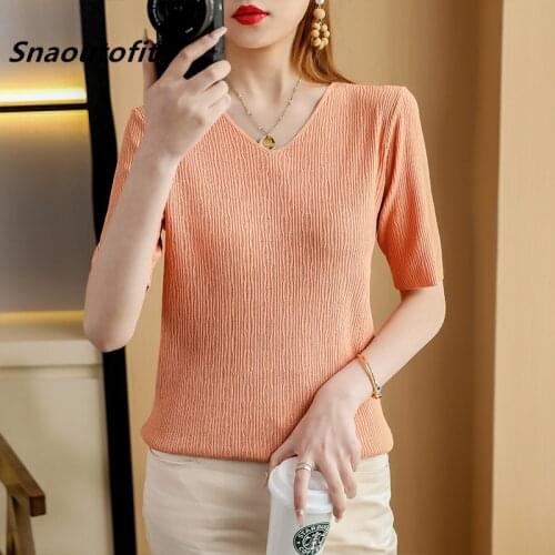 Womens Ice Silk Short-Sleeved T-Shirt, 2021 Summer New, Loose, Hollow,Cool,Knitted Sweater,V-Neck, Large Size,M-L-XL-XXL