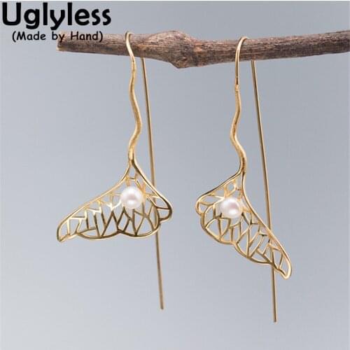 Uglyless Hollow Fish Tails Earrings for Women Natural Pearls Long Ear Hooks Real 925 Silver Exotic Animals Brincos Fashion Jewel