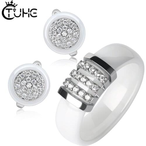 Fashion Jewelry Sets for Female Never Fade Healthy Ceramic Material With CZ Rhinestone Wedding Jewelry Sets Earrings Rings Gift
