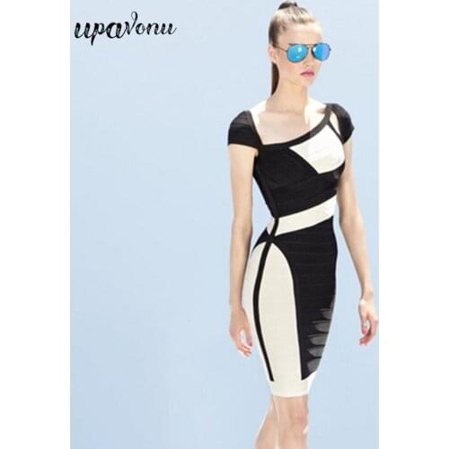 Free Shipping 2021 New Fashion Black and White Contrast Bandage Dress Women Bodycon Summer Dress Celebrity Club Party Vestidos