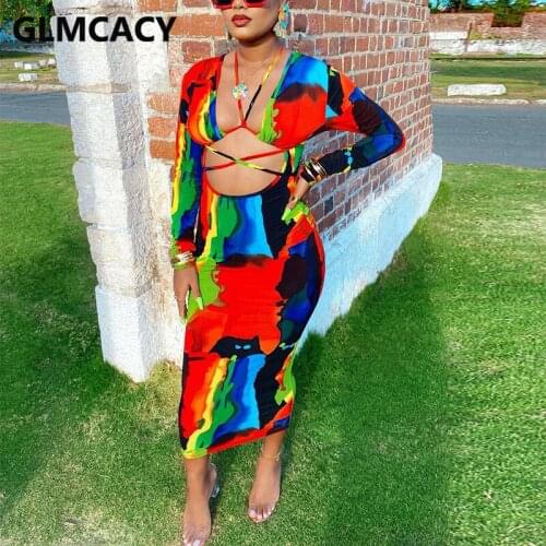 Women Long Sleeve Tie Dye Printed Midi Dress Elegant Bodycon Party Dress