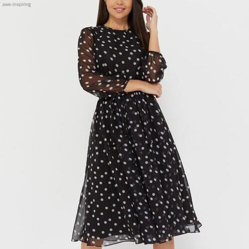 Summer Elegant Dot Print Long Sleeve Summer Dress O Neck Chiffon A Line Women Casual Autumn Dress Vintage Midi Vestidos
