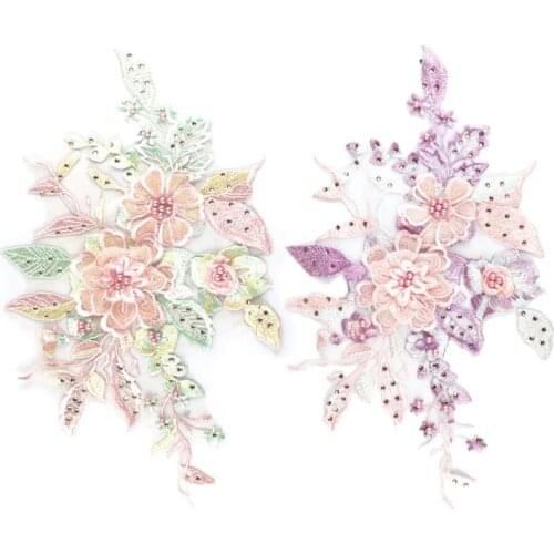 1pc 3D Floral Embroidery Applique Beaded Pearl Tulle DIY Wedding Dress Sewing Clothing Applique Lace Costumes Decoration Patch
