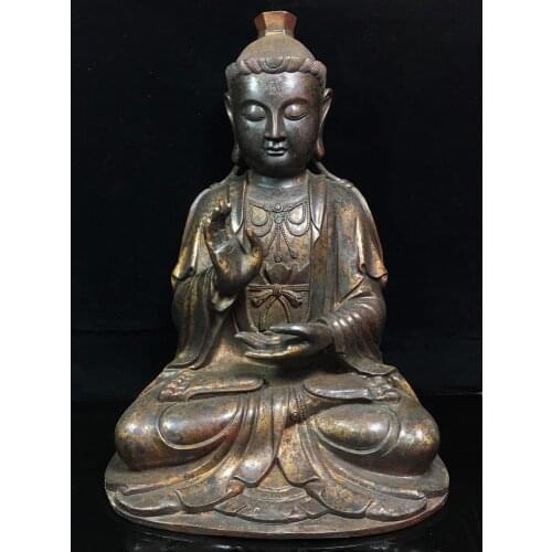 18" Tibet Buddhism Temple Old Bronze Cinnabars Guanyin Bodhisattva Statue Great mercy Universal disaster Enshrine the Buddha