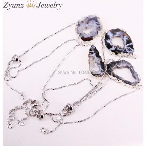 5PCS ZYZ326-0883 Silver Color Nature geode quartz connector bracelets, drusy stone with link chain bracelet adjustable