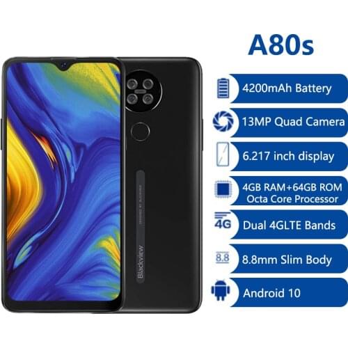 Blackview A80s 4GB+64GB Smartphone 13MP Quad Camera 4200mAh Android 10 Octa Core Face ID 4G Mobile Phone Fingerprint Telephone