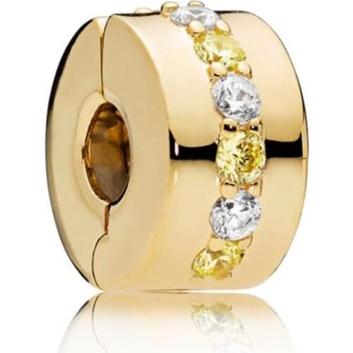 Genuine 925 Sterling Silver Bead Gold Shining Path Clip Charm Fit Pan Bracelet & Bangle For Women Wedding Jewelry