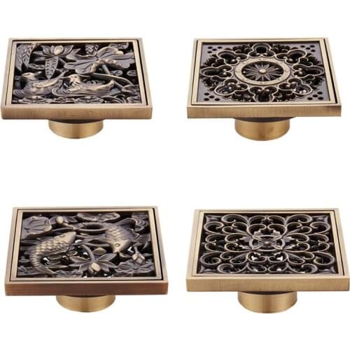 Euro Style Antique Brass Shower Floor Drain Art Carved Bathroom Deodorant Square Waste Drain Strainer Cover Grate Floor Drain
