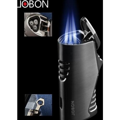 Jobon Metal Triple Torch Jet Lighter Pipe Lighter With Cigar Cutter Visible Gas Window Windproof Flame Lighter Gadgets For Men