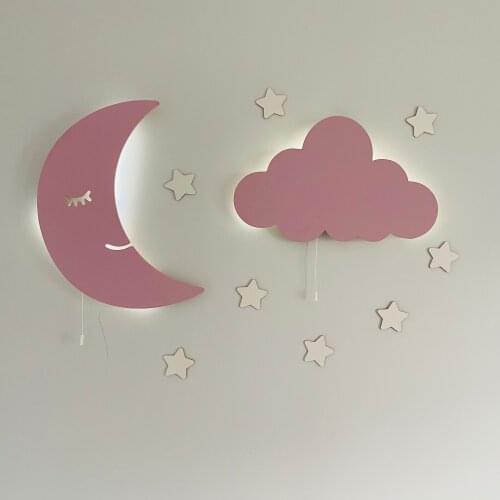 Set of 2- Nursery Night Light, Moon Wall Lamp Cloud Light Baby Bedroom Decor Wooden Led Lampion Wooden Lamps Kids Lamp
