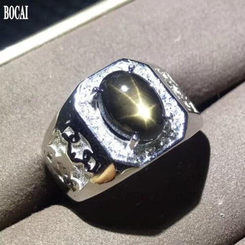 BOCAI 2020 new real s925 pure silver new jewelry natural starlight sapphire men ring adjustable atmospheric silver ring for man