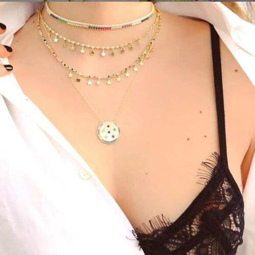 Latest Rainbow cz multi colors round disc coin statement necklace gold color vermeil luxury wedding necklace fashion jewelry hot