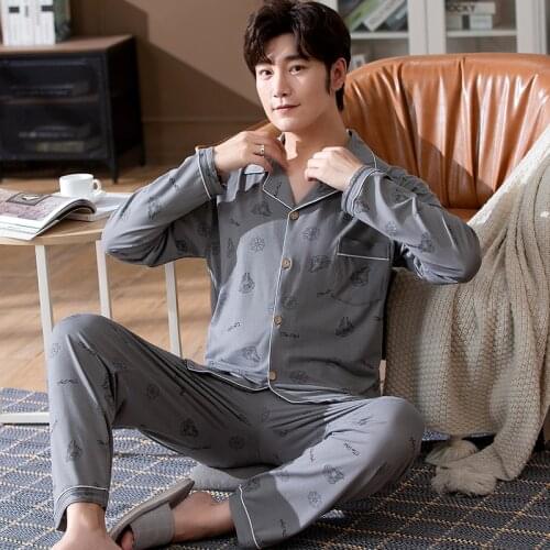 Autumn Winter Men Pajamas Set Cotton Sleepwear Top Night Suit Casual Long Sleeve Plaid Pant Pyjamas Plus Size Homewear Pijamas