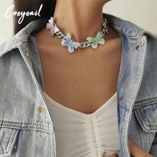 Cosysail Shiny Multicolor Enamel Crystal Butterfly Necklace for Women Bling Rhinestone Cuban Link Chain Choker Necklace Jewelry