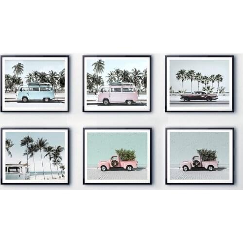 Sea Beach Surf Poster Car Pink Coconut Palm Tree Wall Art Canvas Painting Nordic Posters And Prints Wall Picture For Living Room