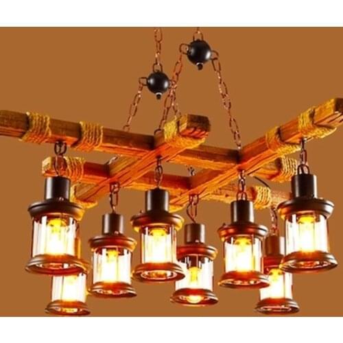 Retro LOFT American country Solid Wood Pendant Light Vintage Glass Cover Lantern Cafe Clothing Store Pendant Lamp