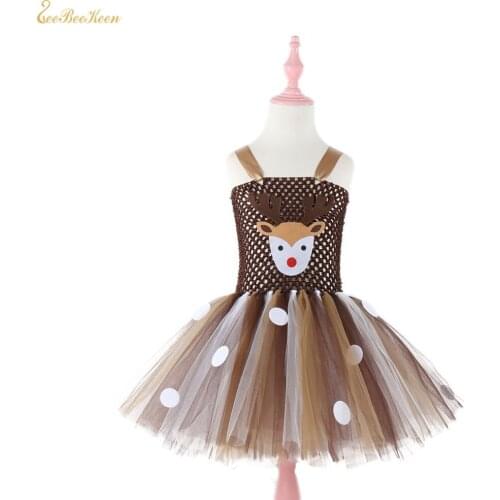 Girls Christmas Costume Cute Baby Deer Cosplay Tutu Dress Kids Stage Show Dance Dress Children Halloween Party Cosplay Costume