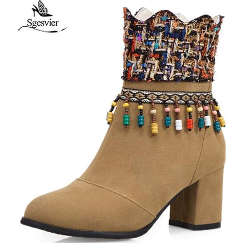 Sgesvier Winter Boots Women Flock Black Red String Bead Tassel Plaid High Block Heel Women Shoes Bootie Footwear Size 34-50 G672