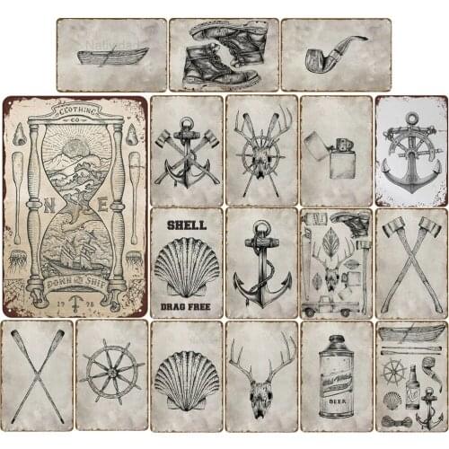 Vintage Metal Plaques Sketch Hourglass Boat Shoes Anchor Shell Pipe Lighter Axe Skull Iron Painting Bar Gamer Poster Room Decor