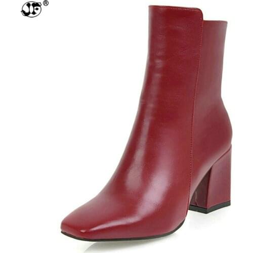 Women Side Zipper Comfortable Square Heel Ankle Boots Fashion Square Toe Keep Warm Winter Shoes Black Red White 433