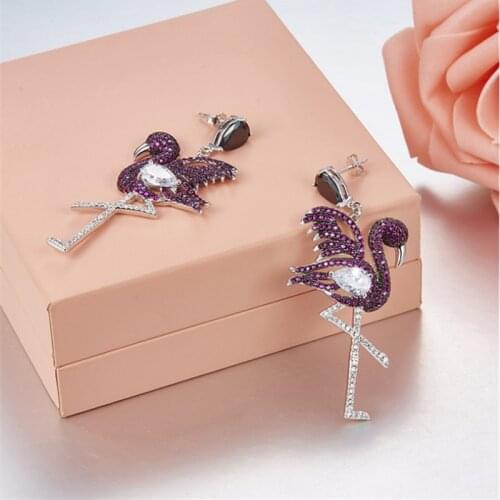 925 Sterling Silver Women Drop Earring Cubic Zircon Pink Flamingos Earrings Stylish Personality Silver Color Earring For Women
