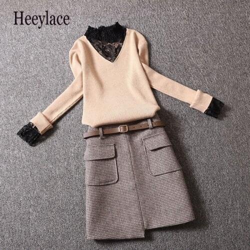 Women Autumn Warm 2 Pieces Set Korean Lace Patchwork Knitted Sweater And Tweed Mini Skirts Suits Office Ladies Elegant Sets