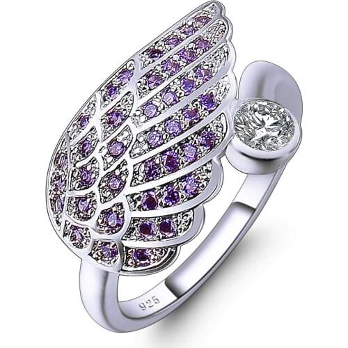 Hainon Brand Fashion Silver Color Angel Wings Pink Purple Crystal Ring for Women Jewelry Party Ring Big Finger Size6-9 Anel Gift